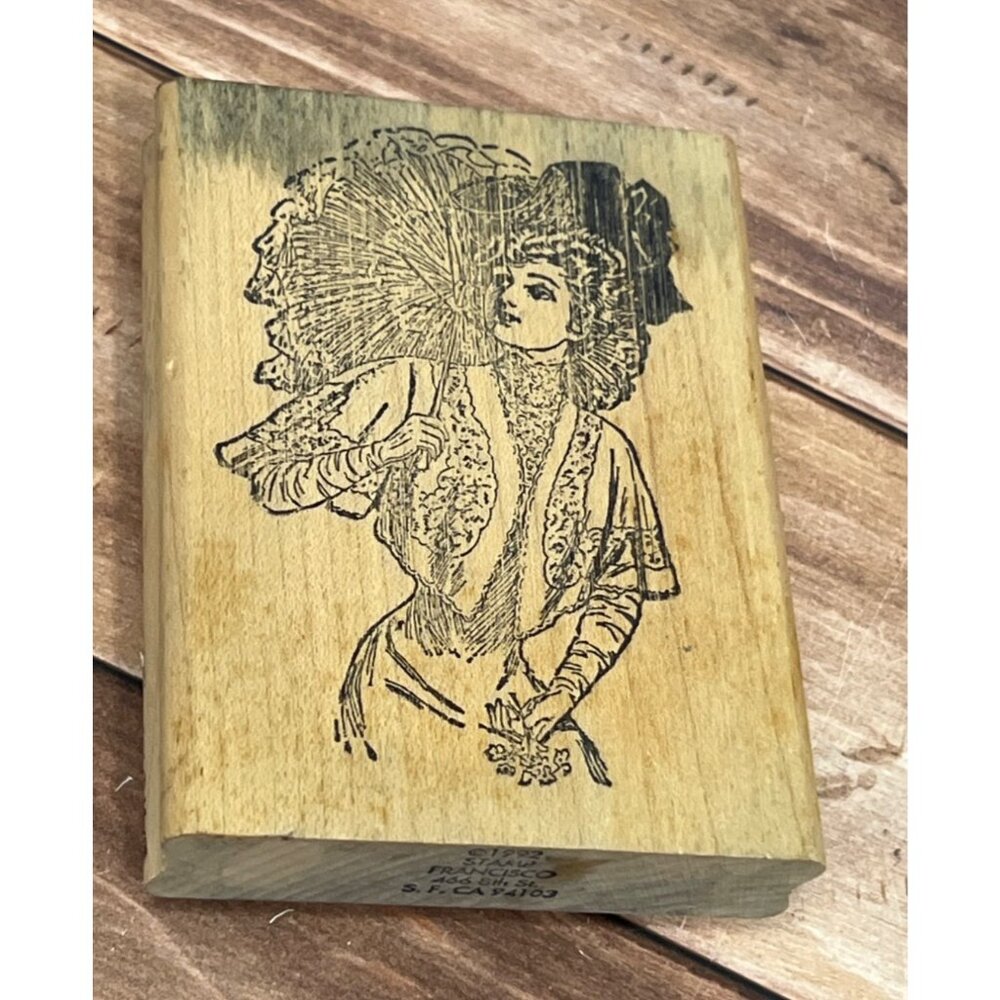 1992 STAMP FRANCISCO  WOOD RUBBER STAMP ELEGANT PARIS LADY N TOP HAT W/ UMBRELLA